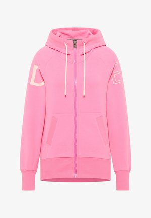 Roza kapuca s sprednjim zadrgo, z vrvicami, stranskimi žepi in velikimi črkami na rokavih. Narejena iz mehkega, raztegljivega materiala.