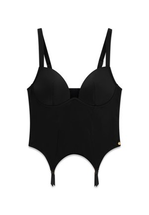 Bustier noir avec bonnets à armatures, bretelles réglables et attaches porte-jarretelles en bas à l'avant.