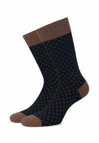 Granatowe skarpetki z małym, powtarzającym się brązowym wzorem, akcentowane brązowym ściągaczem i palcami. Wykonane z miękkiego, teksturowanego materiału.