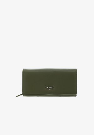 Portefeuille rectangulaire en cuir vert foncé avec une fermeture à rabat à l'avant et un petit logo Picard 1928 argenté au centre avant.
