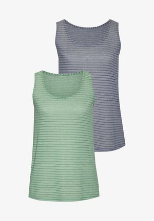 Deux débardeurs sans manches : l'un vert avec des rayures horizontales, l'autre bleu avec des rayures similaires. Matière légère et douce, design à encolure dégagée.