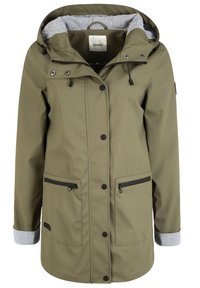 Veste imperméable vert olive avec capuche, fermeture éclair à l'avant et doublure intérieure rayée, dotée de deux poches avant zippées.