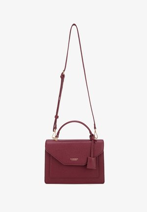 Bordeauxfarbene Lederhandtasche mit strukturierter Form, einem oberen Griff und verstellbarem Schultergurt. Verfügt über einen Vorderklappenverschluss und goldfarbene Hardware.