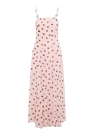 Ανοιχτό ροζ αμάνικο μάξι φόρεμα με λεπτές τιράντες και σκούρο καφέ πουά μοτίβο, εφαρμοστό μπούστο και ρεύον φουστάνι.