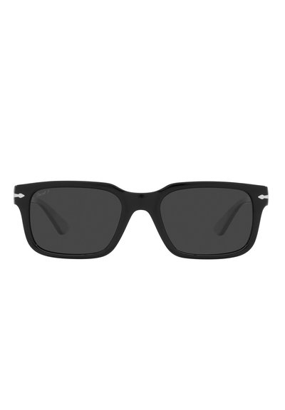 Occhiali da sole neri rettangolari con lenti scure, montatura in plastica lucida e dettagli argentati sulle aste. Design minimalista.