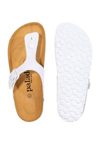 Hvide flip-flopsandal med en hvid spænde-rem, brun polstret sål og en struktureret hvid sål med bølgemønster.