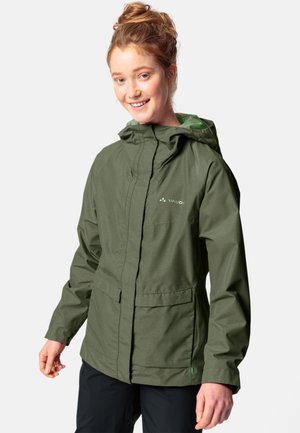 Green waterproof jacket with a hood, front zipper, and two pockets. Lightweight fabric and smooth texture, suitable for outdoor use.