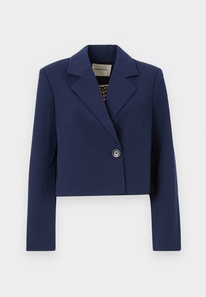 Navy blue cropped blazer with a notched collar, single button closure, and long sleeves. Smooth fabric with a patterned inner lining.