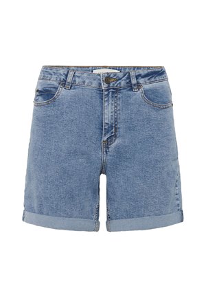 Svetlomodré džínsové šortky s preloženými lemami, predným zapínaním na gombíky a zips, prednými a zadnými vreckami.