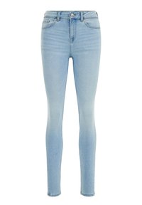 Ljusblå skinny jeans i denim med medelhög midja, fem fickor och en mjuk textur med subtila blekningselement.