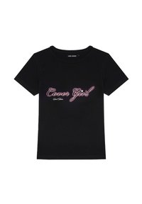 Czarny bawełniany t-shirt z napisem "Cover Girl" w różowym i białym skrypcie, z akcentem gwiazdki, okrągłym dekoltem i krótkimi rękawami.