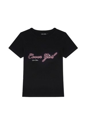 Czarny bawełniany t-shirt z napisem "Cover Girl" w różowym i białym skrypcie, z akcentem gwiazdki, okrągłym dekoltem i krótkimi rękawami.