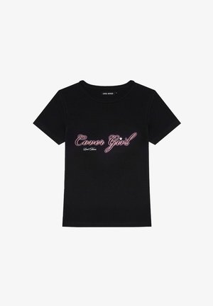 Czarny bawełniany t-shirt z napisem "Cover Girl" w różowym i białym skrypcie, z akcentem gwiazdki, okrągłym dekoltem i krótkimi rękawami.
