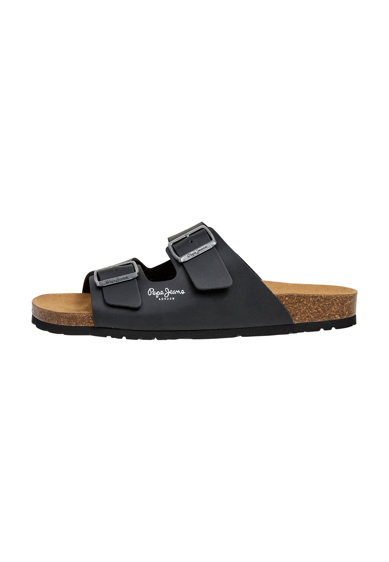 Mustad elastsed sandaalid kahe reguleeritava pandlaga rihmaga, korkpõhjaga ja kummist tallaga, küljel bränd "Pepe Jeans London".