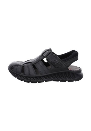 Schwarze Ledersandalen mit offenem Design, die mehrere Riemen, eine gepolsterte Innensohle und eine strukturierte schwarze Gummisohle aufweisen.