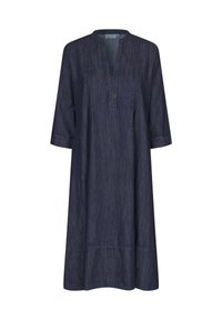 Denimdress i en djupt marinblå färg, med en notch-krage, trekvartsärmar, knappslå och subtil vertikal textur.