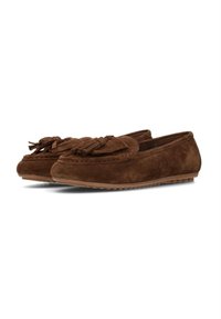 Brown suede loafers with tassel details, moccasin stitching, and rubber soles angled to show side and front views.