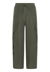 Pantaloni larghi color verde oliva con vita elasticizzata e cordoncino regolabile. Presentano pannelli laterali drappeggiati per un tocco di originalità.