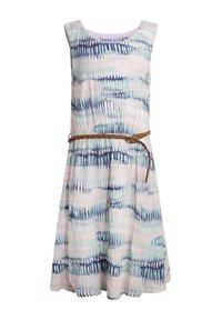 Hihaton mekko pastellisävyissä, jossa on sinivalkoinen aalto-kuvio. Mukana on ruskea kudottu vyö vyötäröllä. Kevyt kangas.