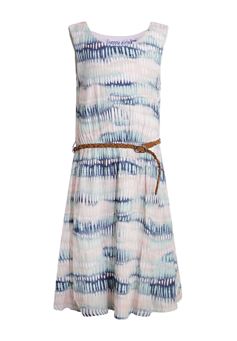 Hihaton mekko pastellisävyissä, jossa on sinivalkoinen aalto-kuvio. Mukana on ruskea kudottu vyö vyötäröllä. Kevyt kangas.