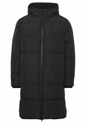 Sort pufferjakke med hætte, udstyret med en frontlynlås og ribbede manchetter. Designet med et quiltet mønster til isolering.