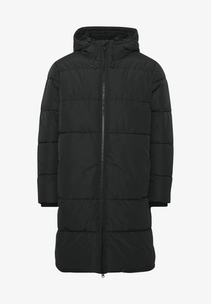 Czarna kurtka puchowa z kapturem, z przednim zamkiem i ściągaczami przy mankietach. Zaprojektowana z pikowanym wzorem dla lepszej izolacji.