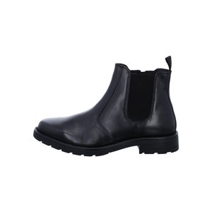 Schwarzer Chelsea-Stiefel aus Leder mit elastischen Seiteneinsätzen, Zuglasche an der Ferse und robuster Gummisohle, im Profil vor weißem Hintergrund gezeigt.
