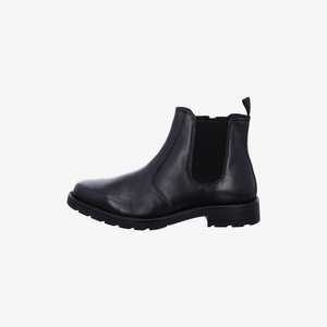 Schwarzer Chelsea-Stiefel aus Leder mit elastischen Seiteneinsätzen, Zuglasche an der Ferse und robuster Gummisohle, im Profil vor weißem Hintergrund gezeigt.