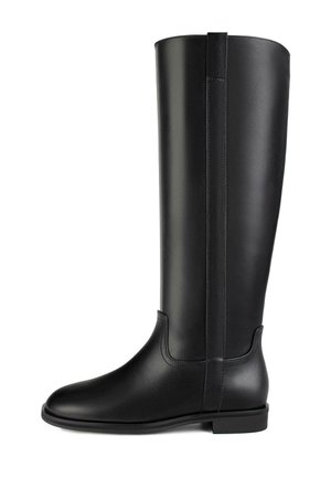 Knöchelhöhe schwarze Lederstiefel mit glatter Textur, runder Spitze und minimalistischem Design. Verfügt über eine dezente Naht und einen niedrigen Absatz.