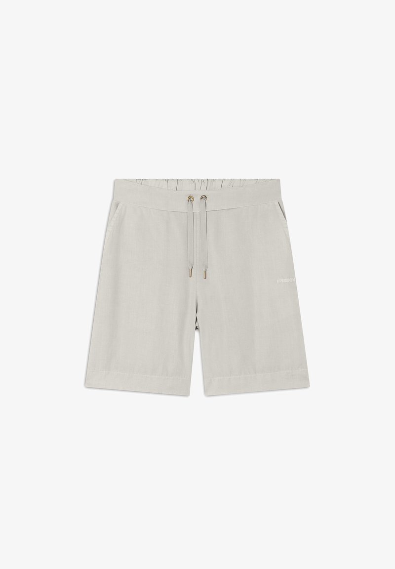 Pantalones cortos de color gris claro con un corte relajado, cinturilla elástica y cierre de cordón. Presenta bolsillos laterales y un logotipo discreto en la parte frontal.