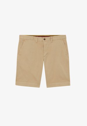 Beige katoenen shorts met een omgeslagen zoom, twee zijzakken en een knoopsluiting. Zachte textuur en klassiek ontwerp.