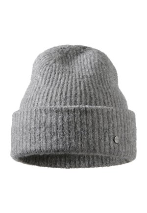 Gray ribbed knit beanie hat with a soft texture, featuring a folded cuff and a metal logo accent on the side.