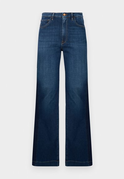 Wijdvallende donkerblauwe jeans van denim, met een hoge taille, voorzakken en contrasterende oranje stiksels.