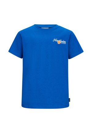 Blaues T-Shirt mit kurzen Ärmeln und kleinem weißen und orangefarbenem "New Leaders Retour Jeans"-Logo auf der linken Brust.
