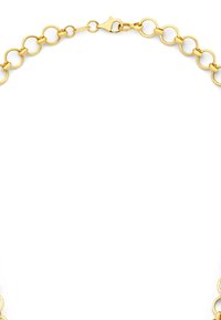 Collier chaîne en or avec des maillons ovales et circulaires, et une fermeture à mousqueton, sur fond blanc.