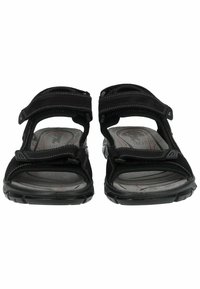 Schwarze Sandalen mit verstellbaren Riemen, Gummisohlen und gepolsterten Einlegesohlen. Mit grauen Akzenten und einem strukturierten Muster auf dem Fußbett.