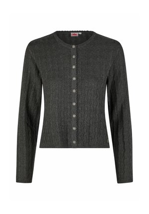 Donkergrijs kabelgebreid vest met ronde halslijn en zeven decoratieve zilveren knopen aan de voorkant, lange mouwen en geribbelde randen.