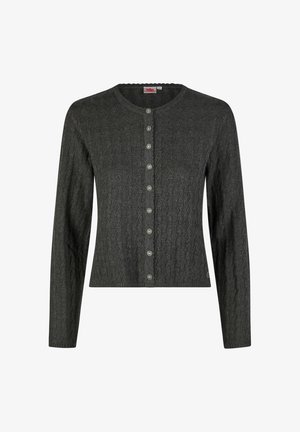 Dunkelgraue Strickjacke mit Rundhalsausschnitt und sieben dekorativen silbernen Knöpfen auf der Vorderseite, langen Ärmeln und gerippten Kanten.