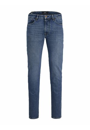 Blaue Denim-Jeans mit schmaler Passform, fünf Taschen und einem Reißverschluss. Sie verfügen über eine dezente, abgenutzte Textur und ein braunes Metallknopf-Detail.