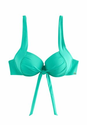 Bikini w kolorze turkusowym z usztywnionym, wiązanym na supeł stanikiem oraz regulowanymi troczkami po bokach majtek. Gładka tekstura, miękki materiał i minimalistyczny wzór.