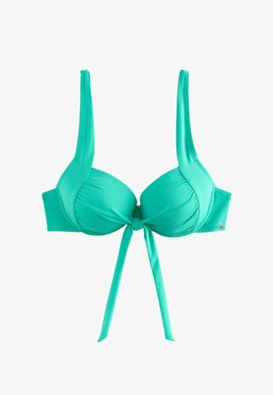 Türkisfarbener Bikini mit einem strukturierten, geknoteten Oberteil und verstellbaren seitlichen Bändern an der Hose. Glatte Textur, weicher Stoff und minimales Muster.