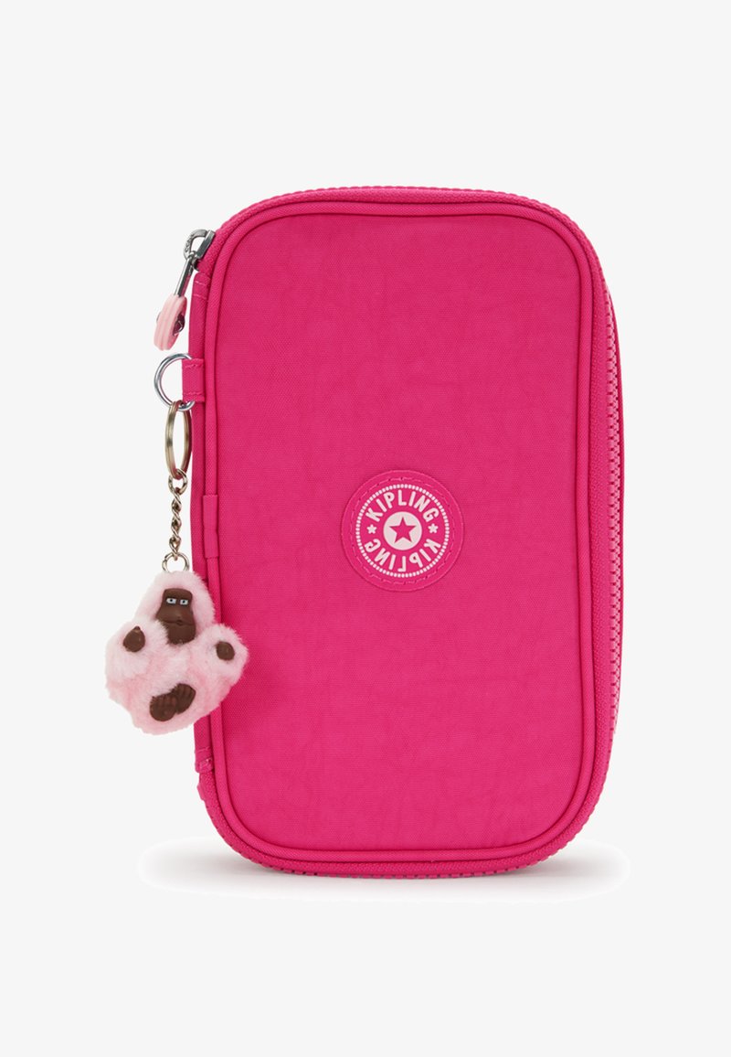 Helles pinkfarbenes Reißverschluss-Etui mit Kipling-Logo und einem kleinen Plüsch-Affen-Schlüsselanhänger am Reißverschluss.