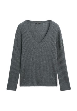 Gray ribbed knit sweater with a V-neck, long sleeves, and a textured finish. Features fitted cuffs and a slightly relaxed fit.