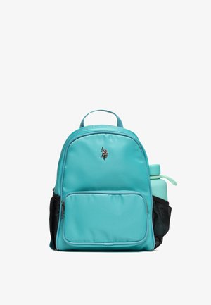 Sac à dos turquoise à fini lisse, doté d'une poche frontale, d'une poche latérale en mesh et d'un petit emblème. Bretelles réglables.