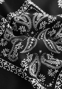 Čierna textília s bielymi paisley a kvetinovými vzormi. Obsahuje zložitú detailnosť a jemnú štruktúru, typickú pre látku v štýle bandana.