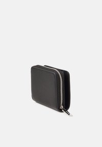 Black wallet made of textured leather with a rectangular shape. Features a silver zipper and small pull tab, compact design.