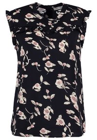 Blusa floreale in tessuto navy con scollatura arricciata e maniche corte. Presenta una stampa floreale rosa e bianca con foglie verdi.