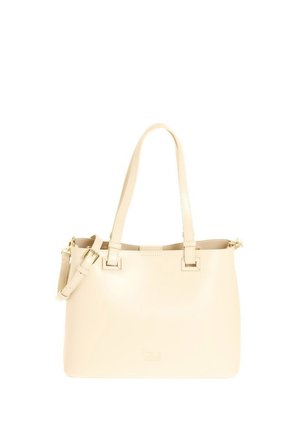 Borsa tote in pelle color crema con doppie cinghie per spalle e tracolla laterale regolabile con fibbia, forma rettangolare, design minimalista.