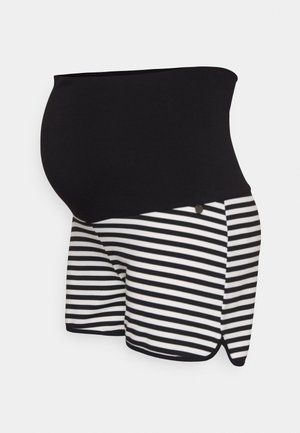 Calças de maternidade com um cós alto preto e uma parte inferior às riscas preto e branco. Tecido macio com uma textura suave e bainha arredondada.