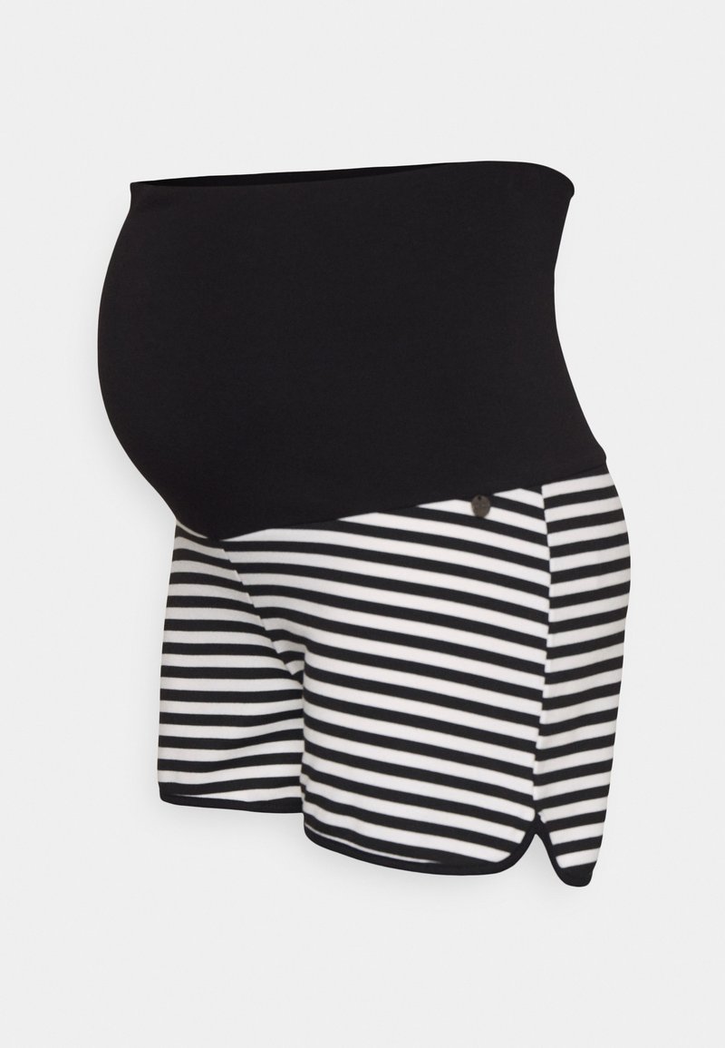 Calças de maternidade com um cós alto preto e uma parte inferior às riscas preto e branco. Tecido macio com uma textura suave e bainha arredondada.